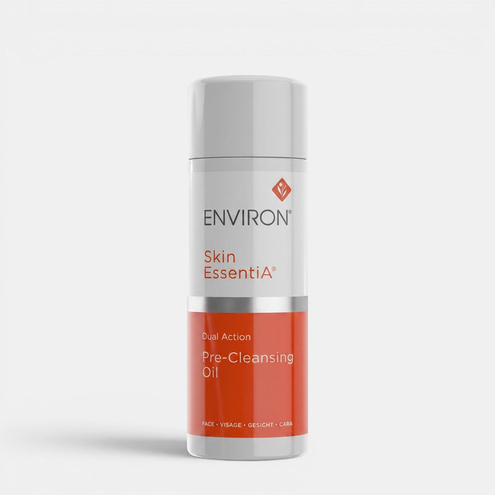 Environ Dual Action Pre-Cleansing Oil in a clear bottle with a pump dispenser, used for gentle facial cleansing.