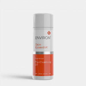 Environ Dual Action Pre-Cleansing Oil in a clear bottle with a pump dispenser, used for gentle facial cleansing.