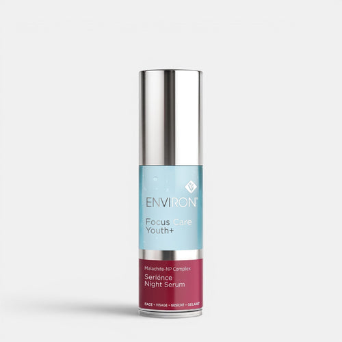 Environ Malachite-NP Complex Serience™ Night Serum in a glass bottle, featuring a dropper for targeted skincare treatment.