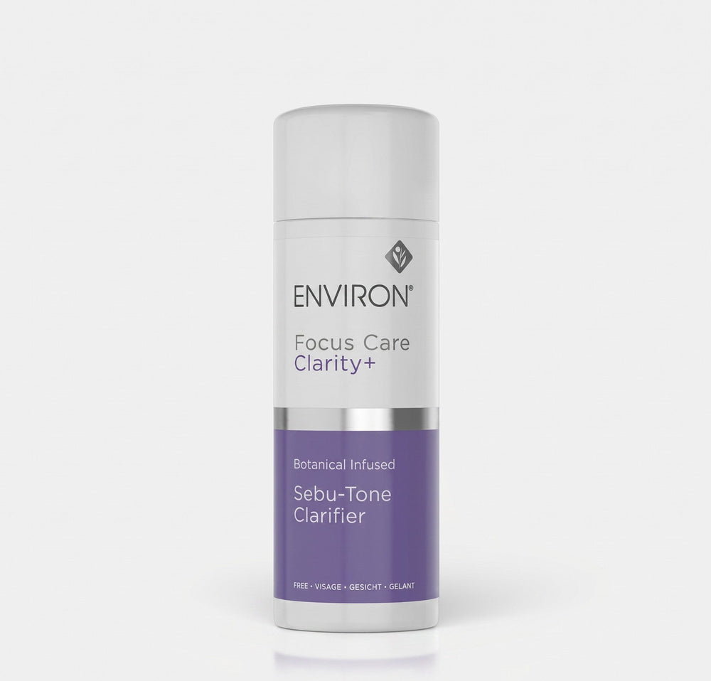 Environ Botanical Infused Sebu-Tone Clarifier toner bottle showing natural botanical ingredients and clear liquid in a sleek container.