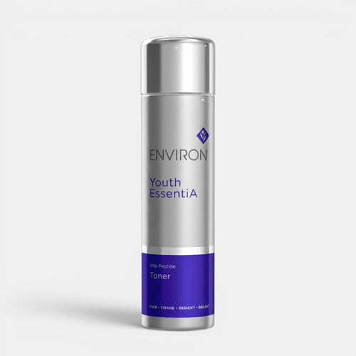 Environ Vita-Peptide Toner bottle, clear liquid toner in a sleek container, designed for skincare and skin rejuvenation.