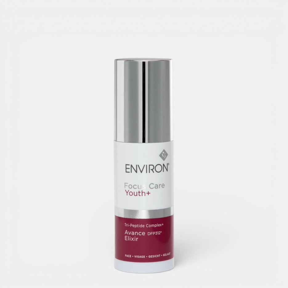 Environ Tri-Peptide Complex+ Avance Elixir serum bottle with dropper, featuring a sleek design and label showcasing the product name.