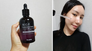 Dr. Esthe MGF Renewal Ampoule 150ml in a clear bottle with a dropper, showcasing the lightweight liquid inside.