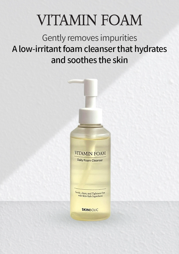 Skinbolic Vitamin Foam Daily Facial Oil Cleanser in a 150ml bottle, showcasing its foamy texture and vibrant packaging.