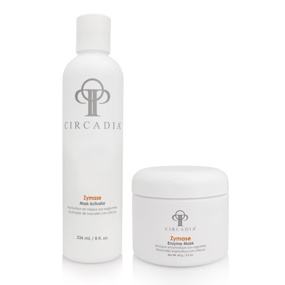 Circadia Zymase enzyme set with multiple enzyme bottles in a square arrangement, designed for skincare or enzymatic treatments.